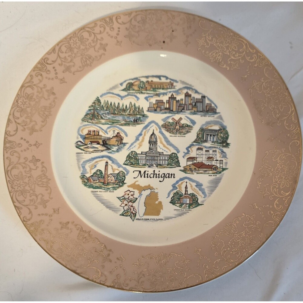 Vintage Michigan State Travel Souvenir Collector Plate 9.25” Gold Trim Landmarks